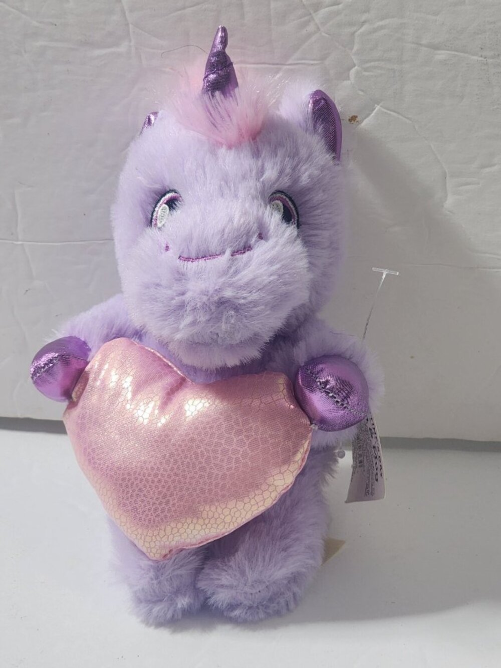 MTY International Purple Unicorn Pink Heart Mane Sewn Eyes Plush Toy 8"